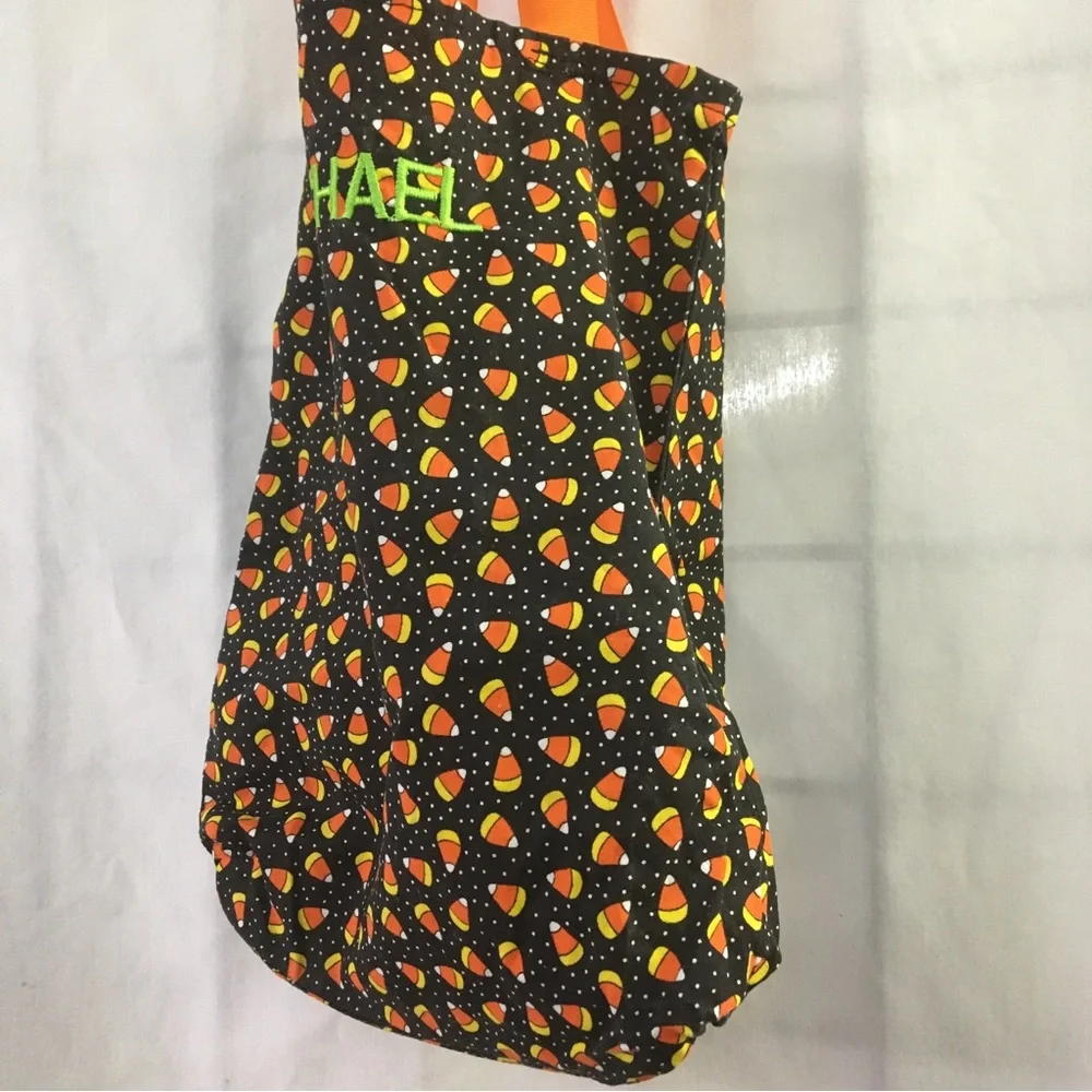 Handmade Halloween Treat Tote Bag Candy Corn Black & White Polka Dots